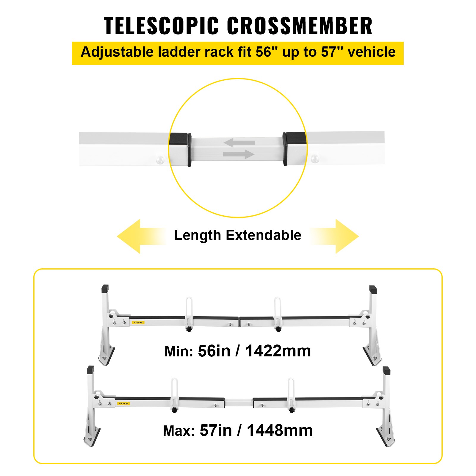 VEVOR van ladder roof racks with adjustable telescopic crossmember, extends from 56in to 57in.