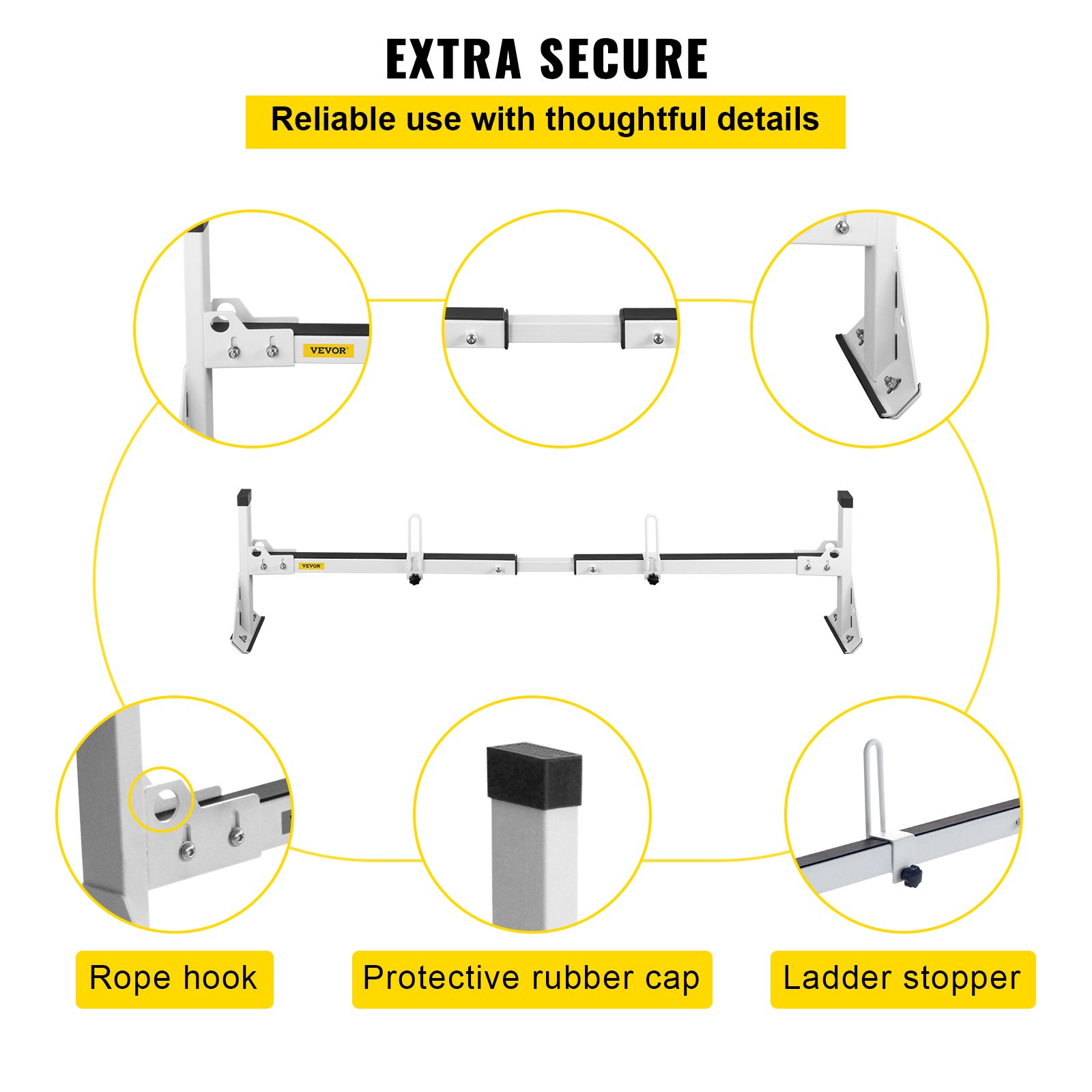 VEVOR van ladder roof racks highlighting rope hook, protective rubber cap, and ladder stopper.