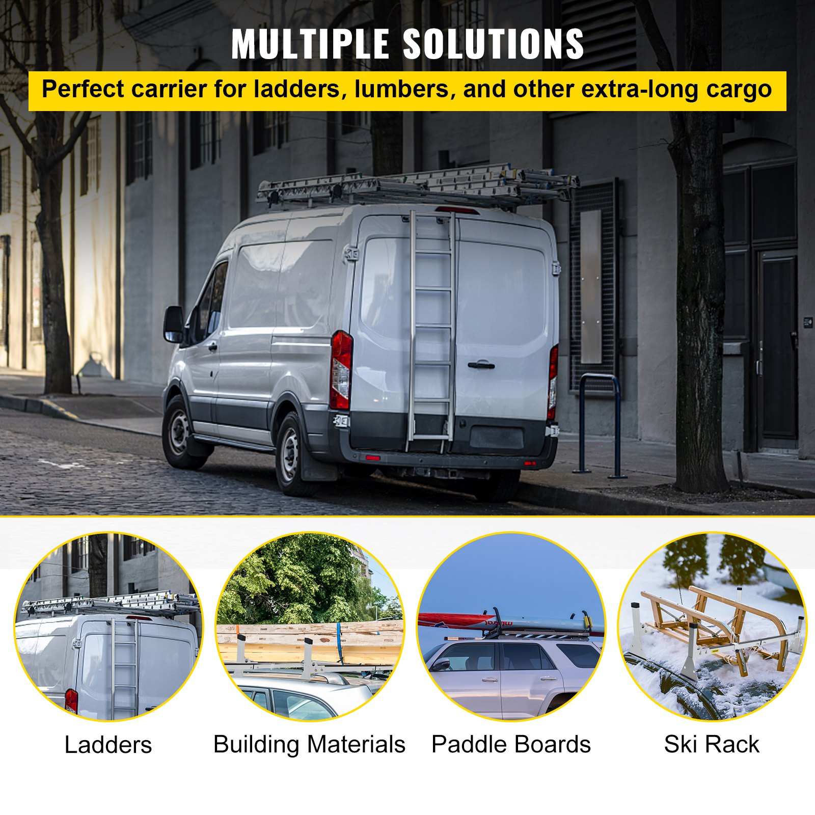 VEVOR van ladder roof racks ideal for transporting ladders, lumber, paddleboards, and skis.