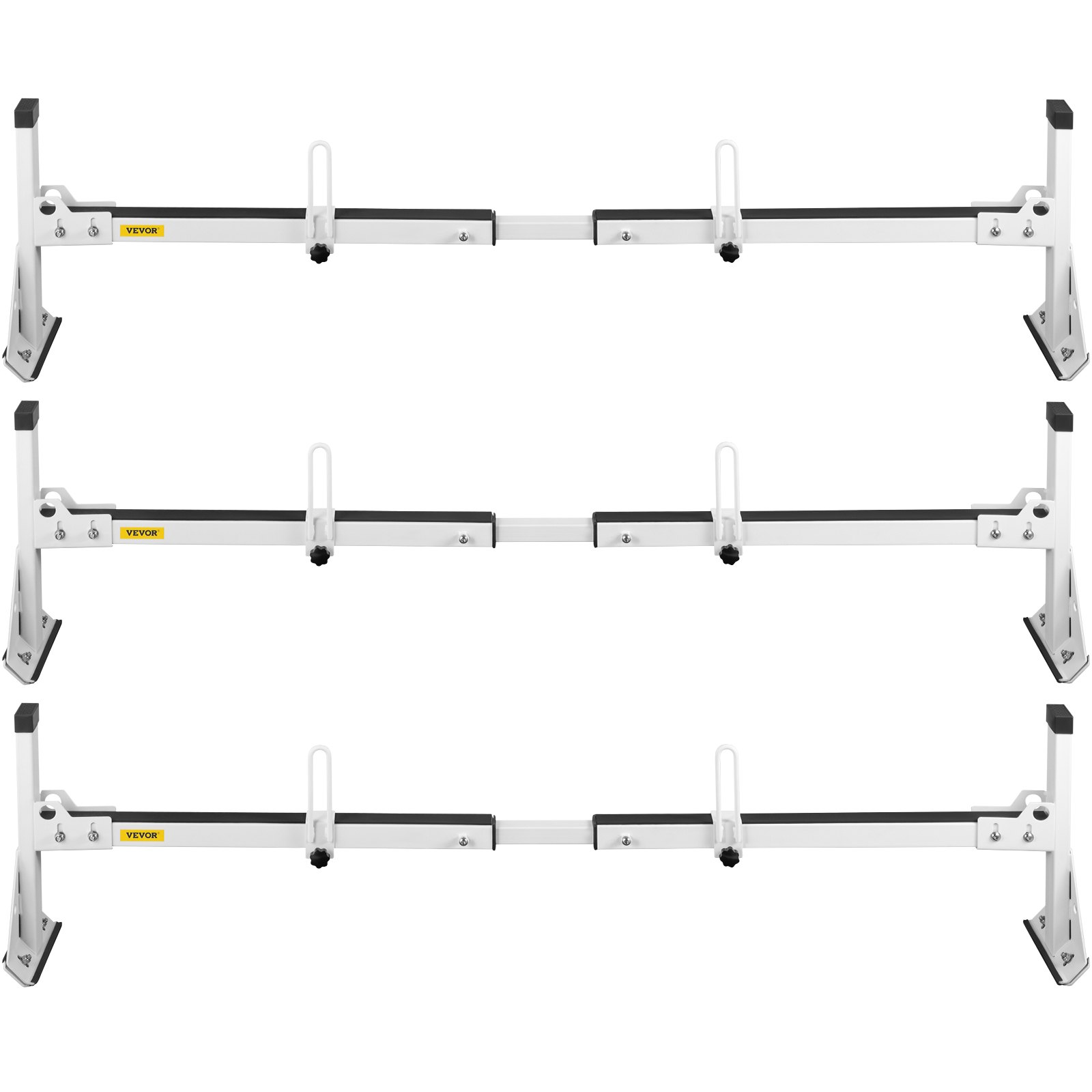 VEVOR van ladder roof racks with adjustable brackets and white finish for secure storage.