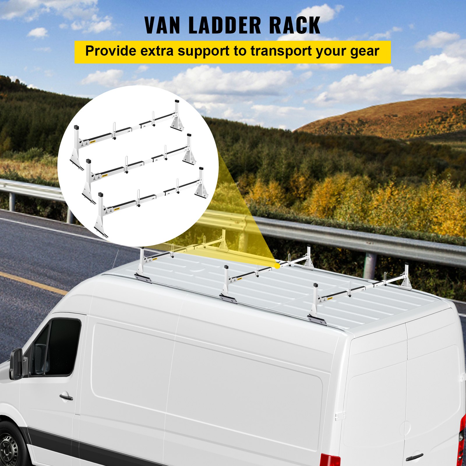 VEVOR Van Ladder Roof Racks, 3 Bars, 661 LBS Capacity, Adjustable Matte Coating Van Rack with Ladder Stoppers, Compatible with Chevy Express Fullsize Van 1996-Up, White