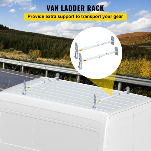 VEVOR Universal Van Ladder Roof Racks, 2 Bars, 331 LBS Capacity, 34.6"-56" Adjustable Matte Coating Van Rack, Compatible with Chevy Ford Express Fullsize Van, White