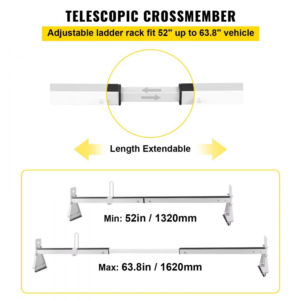 VEVOR Van Roof Ladder Rack, 2 Bars, 331 LBS Capacity, 52\"-63.8\" Adjustable Steel Roof Rack Cross Bar with Ladder Stoppers, Fit Vans with Rain Gutters, for Kayak Canoe Lumber Pipe Cargo,, White