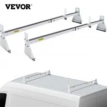 VEVOR Van Roof Ladder Rack, 2 Bars, 331 LBS Capacity, 52\"-63.8\" Adjustable Steel Roof Rack Cross Bar with Ladder Stoppers, Fit Vans with Rain Gutters, for Kayak Canoe Lumber Pipe Cargo,, White
