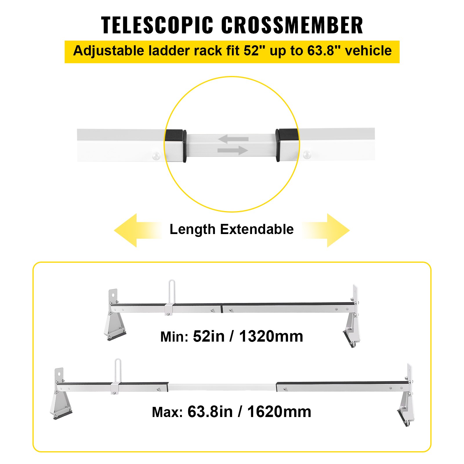 VEVOR Van Roof Ladder Rack, 2 Bars, 331 LBS Capacity, 52\"-63.8\" Adjustable Steel Roof Rack Cross Bar with Ladder Stoppers, Fit Vans with Rain Gutters, for Kayak Canoe Lumber Pipe Cargo,, White