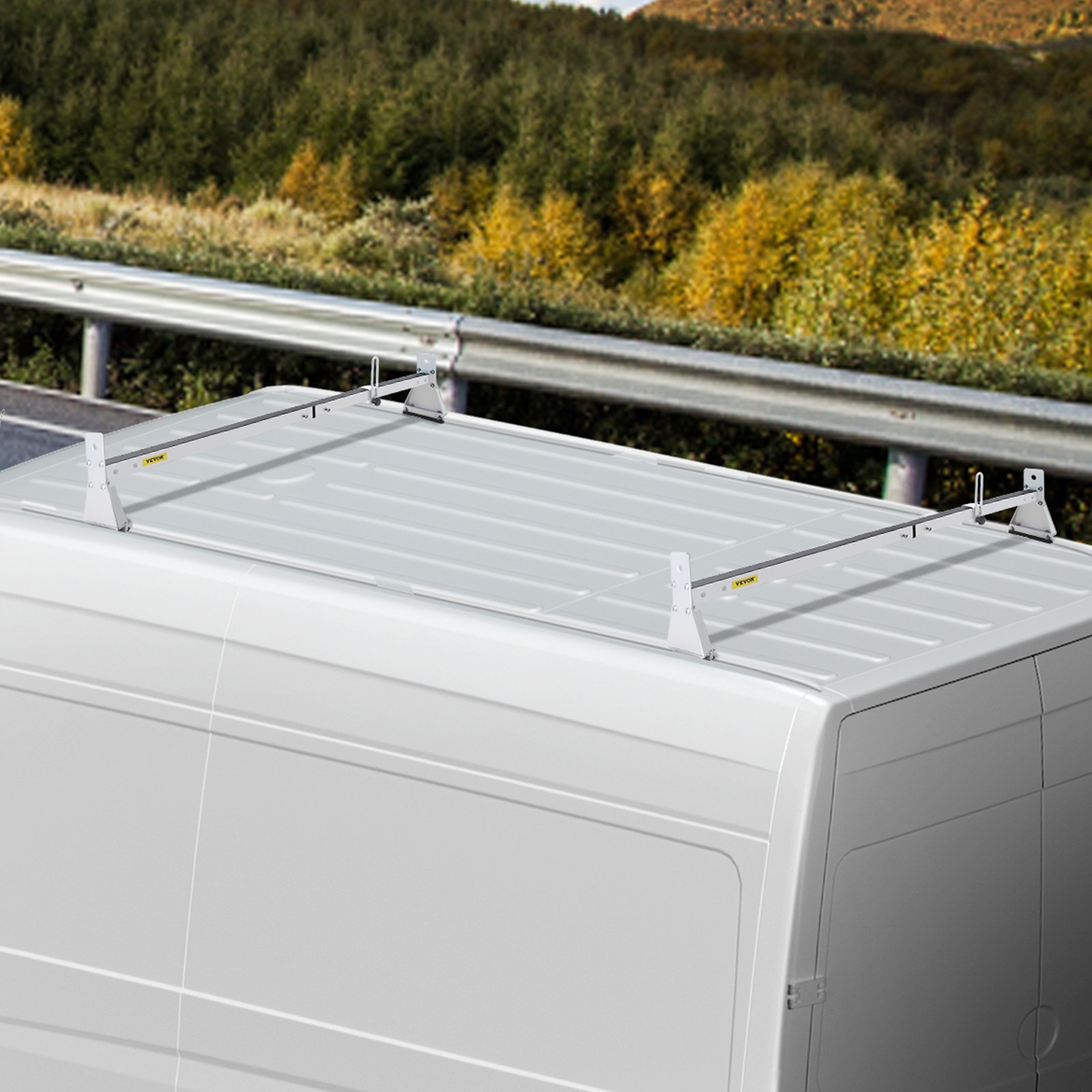 VEVOR Van Roof Ladder Rack, 2 Bars, 331 LBS Capacity, 52\"-63.8\" Adjustable Steel Roof Rack Cross Bar with Ladder Stoppers, Fit Vans with Rain Gutters, for Kayak Canoe Lumber Pipe Cargo,, White