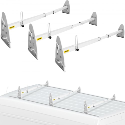 VEVOR Van Roof Ladder Rack, 3 Bars, 661 LBS Capacity, 52"-64" Adjustable Steel Roof Rack Cross Bar with Ladder Stoppers, Fit Vans with Rain Gutters, for Kayak Canoe Lumber Pipe Cargo, White