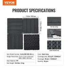 VEVOR Interlocking Deck Tiles 36 Pack 11.6" x 11.6" Plastic for Porch Dark Grey