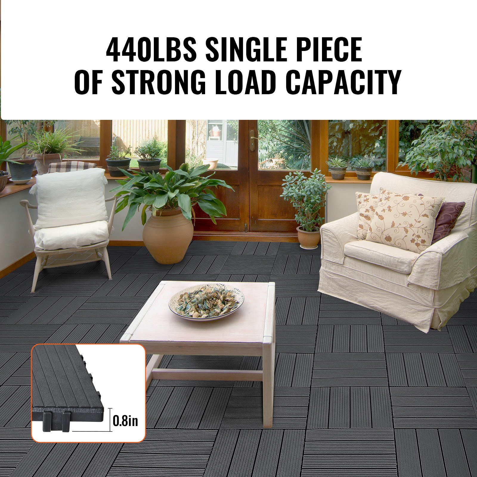 VEVOR Interlocking Deck Tiles, 10 Pack,12"x12" 10 sq. ft Plastic Waterproof Outdoor Flooring All Weather Use, Patio Floor Decking Covering Tiles for Porch Poolside Balcony Backyard, Dark Grey