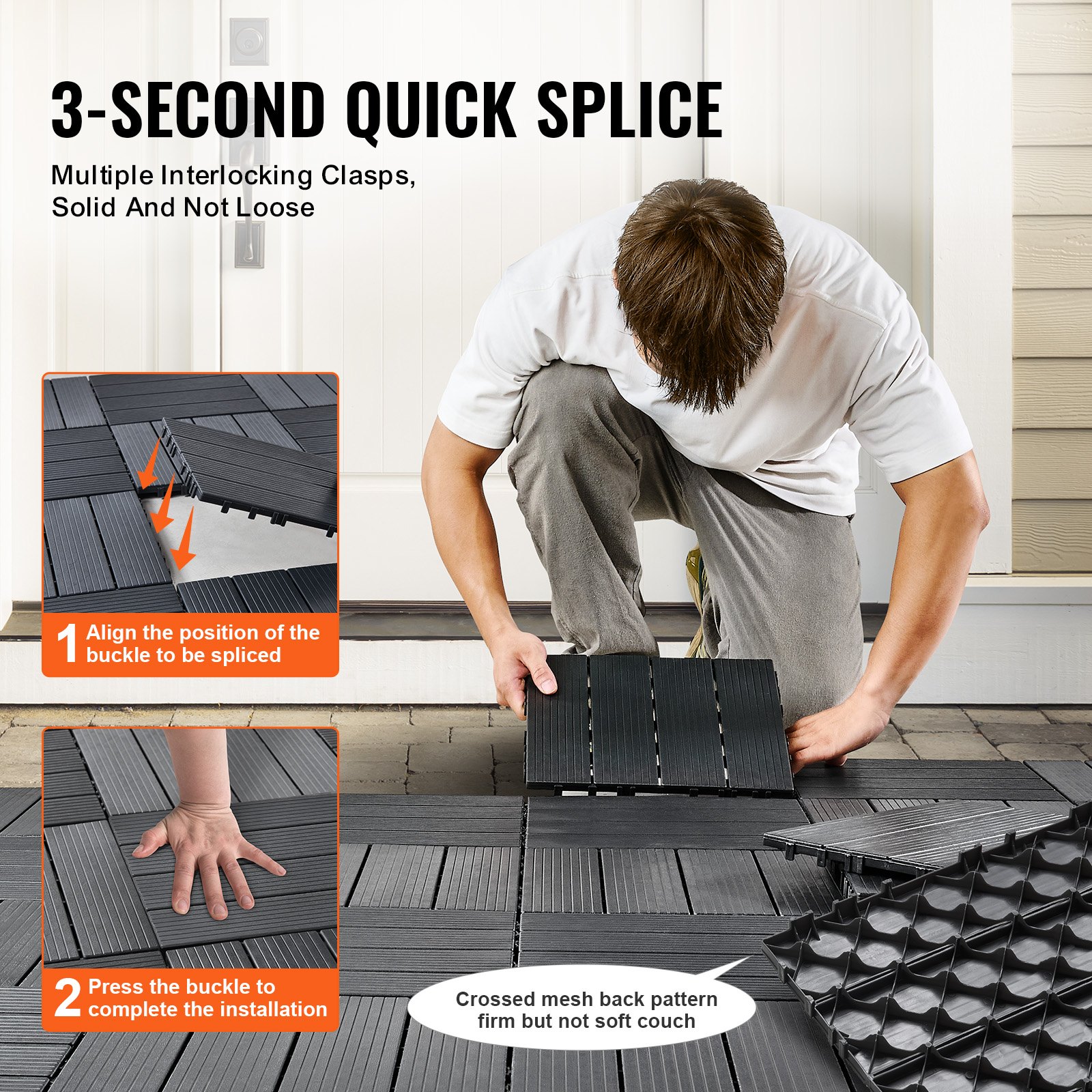 VEVOR Interlocking Deck Tiles, 10 Pack,12"x12" 10 sq. ft Plastic Waterproof Outdoor Flooring All Weather Use, Patio Floor Decking Covering Tiles for Porch Poolside Balcony Backyard, Dark Grey