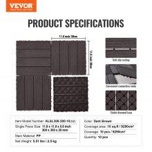 VEVOR Interlocking Deck Tiles 10 Pack 12"x12" Waterproof for Porch Dark Brown