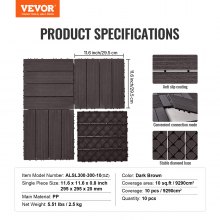 Baldosas entrelazadas VEVOR para terraza (paquete de 10), 29,5 x 29,5 cm, impermeables, para porche, color marrón oscuro