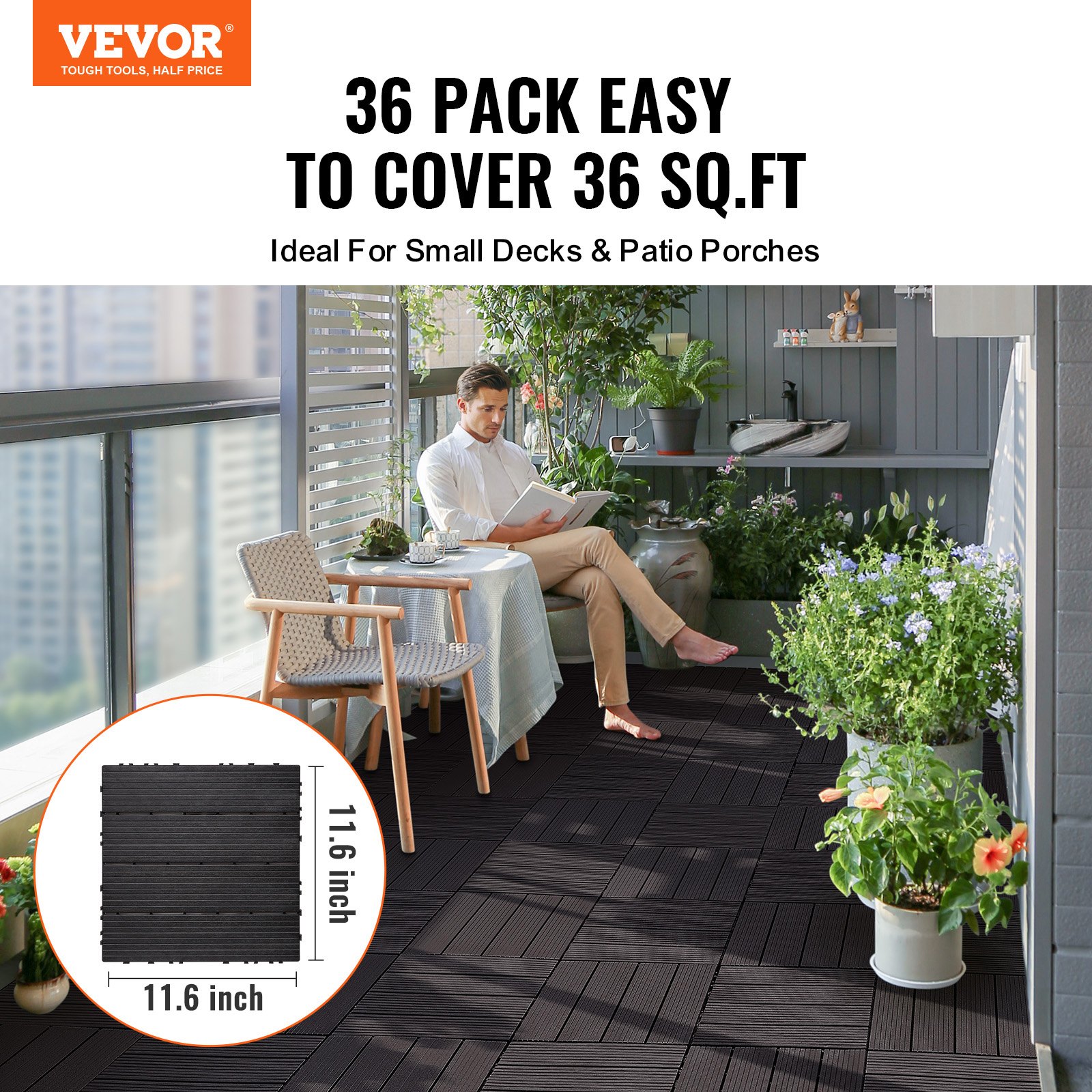 VEVOR Interlocking Deck Tiles, 36 Pack,11.6"x11.6" 36 sq. ft Plastic Waterproof Outdoor Flooring All Weather Use, Patio Floor Decking Covering Tiles for Porch Poolside Balcony Backyard, Dark Brown
