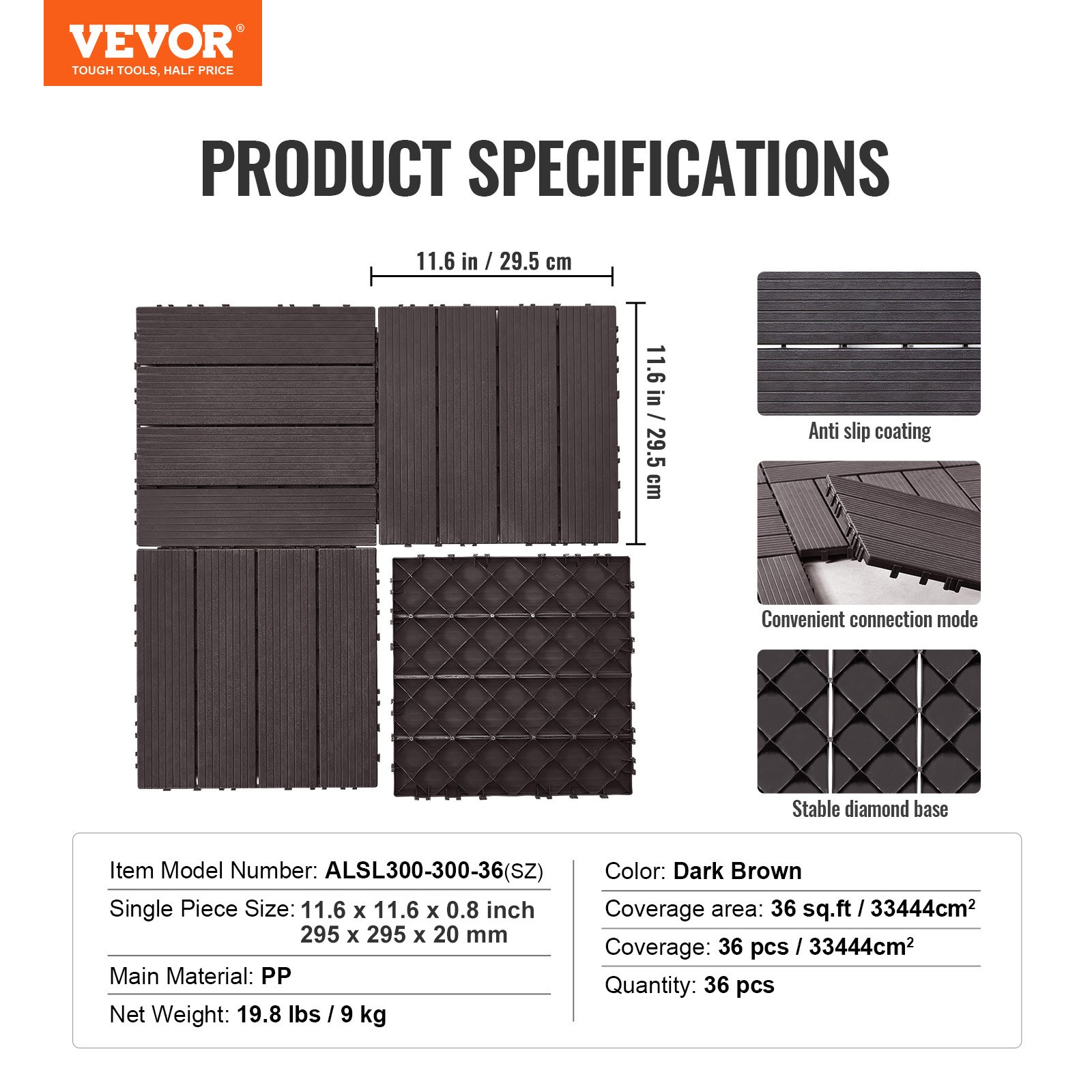 VEVOR Interlocking Deck Tiles, 36 Pack,11.6"x11.6" 36 sq. ft Plastic Waterproof Outdoor Flooring All Weather Use, Patio Floor Decking Covering Tiles for Porch Poolside Balcony Backyard, Dark Brown