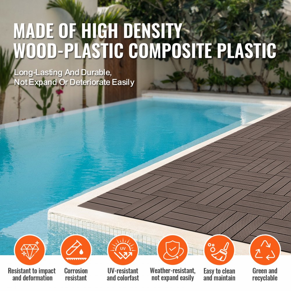 VEVOR Interlocking Deck Tiles Plastic Wood, 27 Pack,12"x12" 27 sq. ft Waterproof Outdoor Flooring All Weather Use, Patio Floor Decking Covering Tiles for Porch Poolside Balcony Backyard, Dark Brown