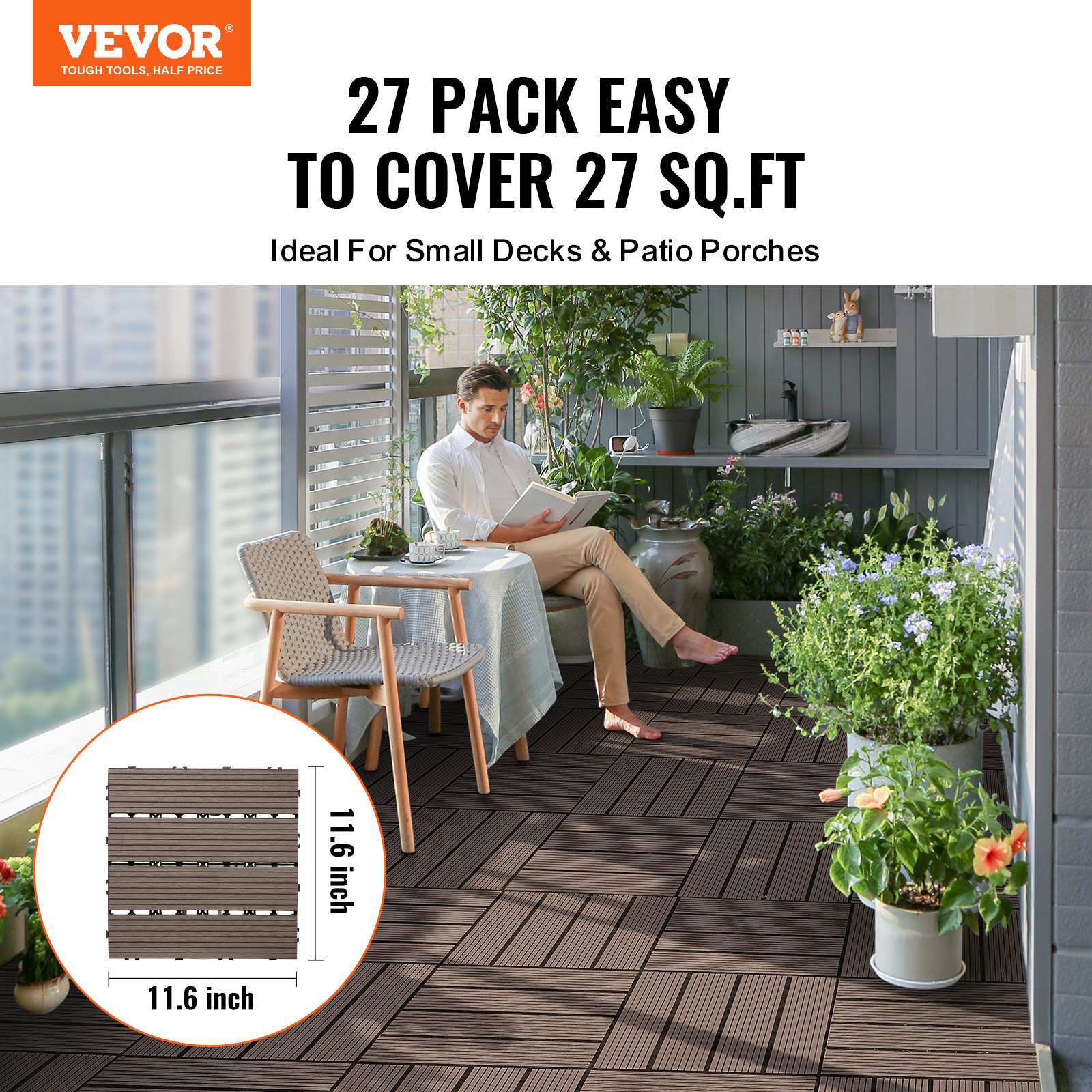 VEVOR Interlocking Deck Tiles Plastic Wood, 27 Pack,12"x12" 27 sq. ft Waterproof Outdoor Flooring All Weather Use, Patio Floor Decking Covering Tiles for Porch Poolside Balcony Backyard, Dark Brown