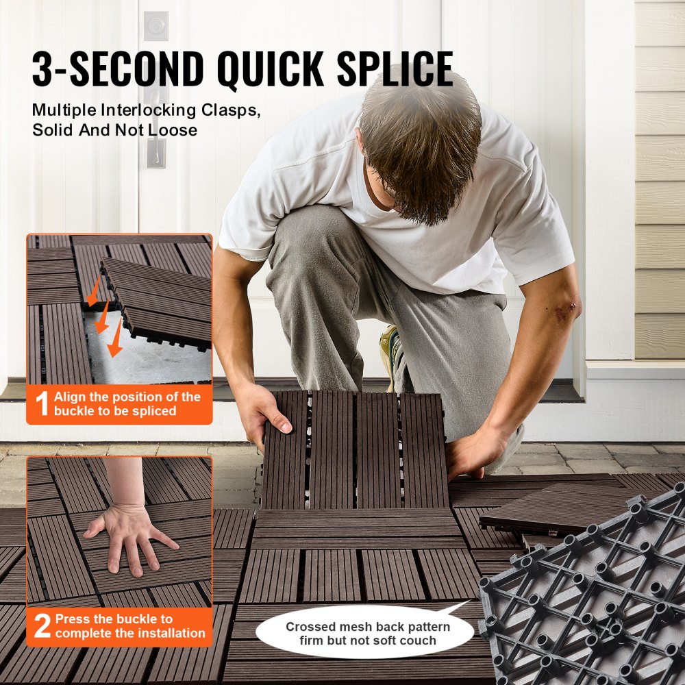 VEVOR Interlocking Deck Tiles Plastic Wood, 10 Pack,12"x12" 10 sq. ft Waterproof Outdoor Flooring All Weather Use, Patio Floor Decking Covering Tiles for Porch Poolside Balcony Backyard, Dark Brown