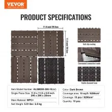 VEVOR Interlocking Deck Tiles Plastic Wood 10 Pack 11.6" x 11.6" Waterproof for Porch