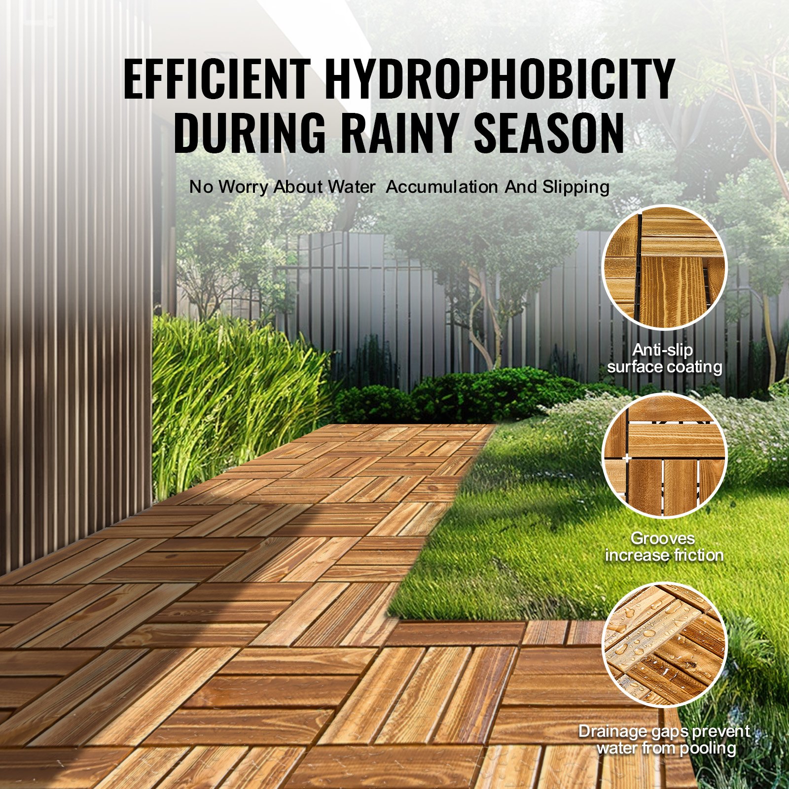 VEVOR Interlocking Deck Tiles Solid Wood, 10 Pack,12"x12" Waterproof Camphor Pine Wood Flooring All Weather Use, Patio Floor Decking Covering Tiles for Porch Poolside Balcony Backyard, (Wooden)