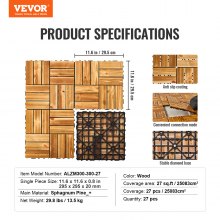 VEVOR Interlocking Deck Tiles Solid Wood 27 Pack 11.6" x 11.6" Camphor Pine for Porch