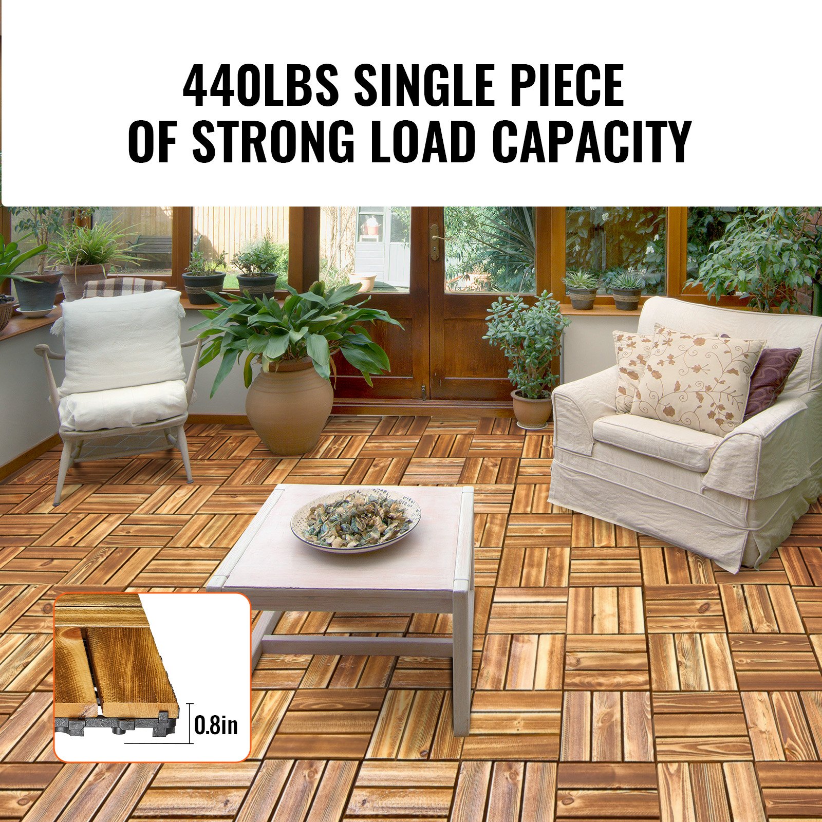 VEVOR Interlocking Deck Tiles Solid Wood, 27 Pack,12"x12" Waterproof Camphor Pine Wood Flooring All Weather Use, Patio Floor Decking Covering Tiles for Porch Poolside Balcony Backyard, (Wooden)