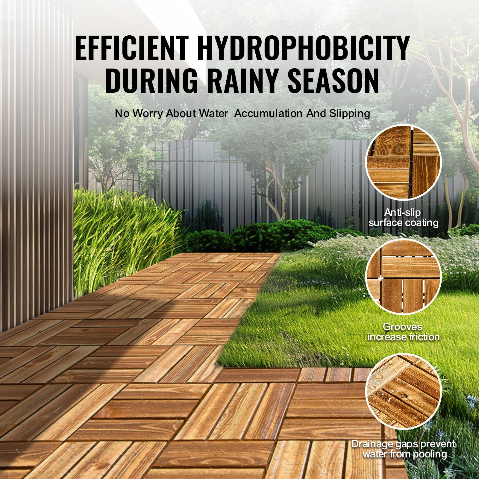 VEVOR Interlocking Deck Tiles Solid Wood, 27 Pack,12"x12" Waterproof Camphor Pine Wood Flooring All Weather Use, Patio Floor Decking Covering Tiles for Porch Poolside Balcony Backyard, (Wooden)