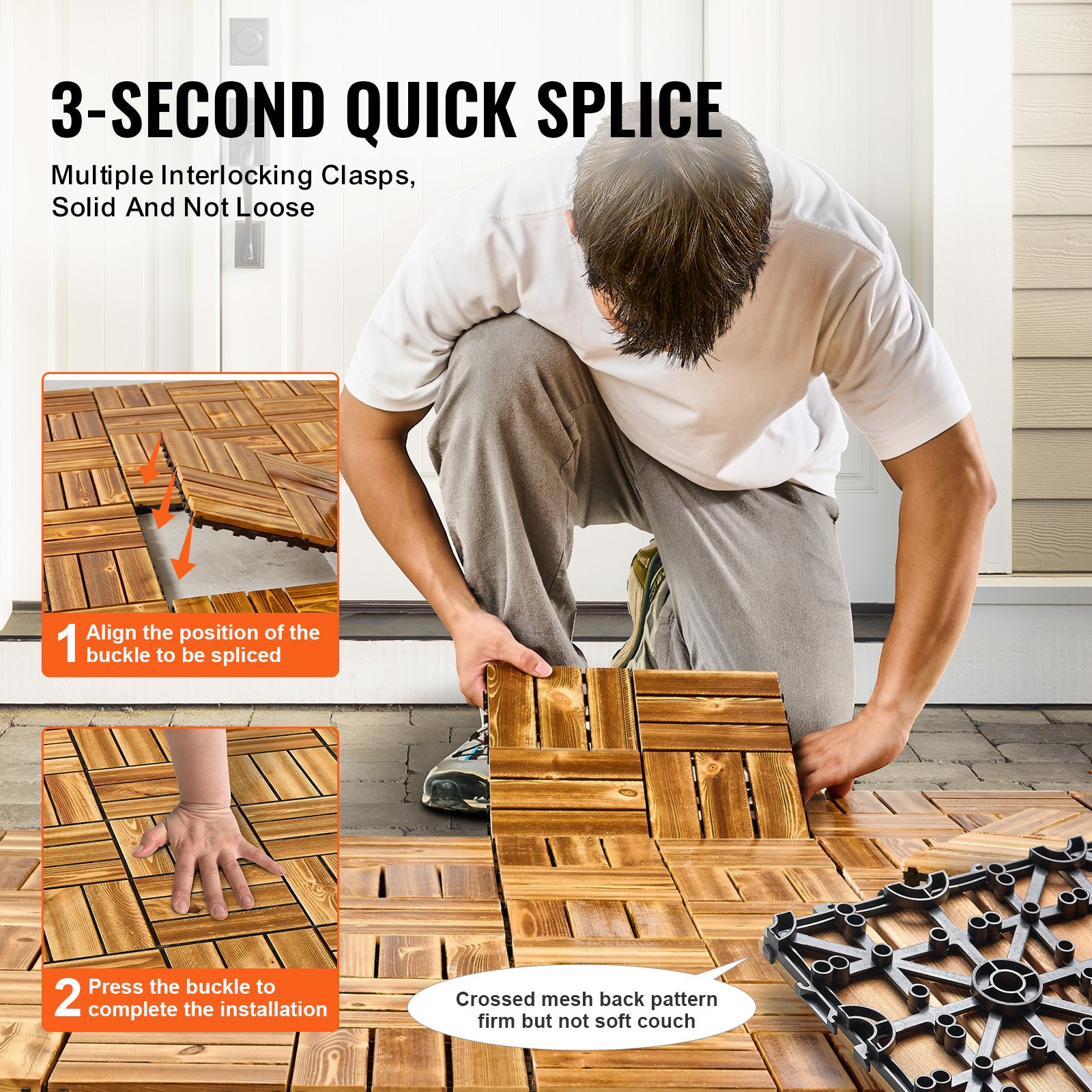 VEVOR Interlocking Deck Tiles Solid Wood, 27 Pack,12"x12" Waterproof Camphor Pine Wood Flooring All Weather Use, Patio Floor Decking Covering Tiles for Porch Poolside Balcony Backyard, (Wooden)