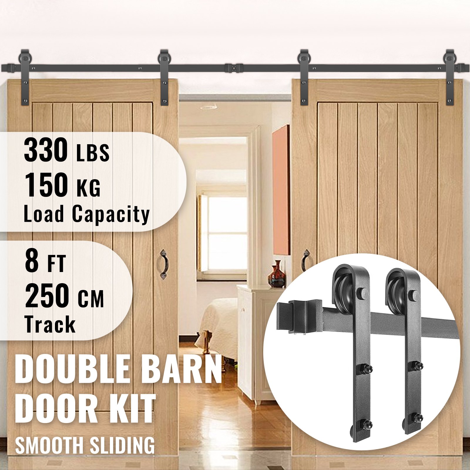 VEVOR Sliding Barn Door Hardware Kit, 8FT Barn Door Kit, 330LBS Load-Bearing Double Barn Door Hardware Kit, Carbon Steel Barn Door Track, Darn Door for 1.57-1.77" Thickness & 4FT Wide Door Panel
