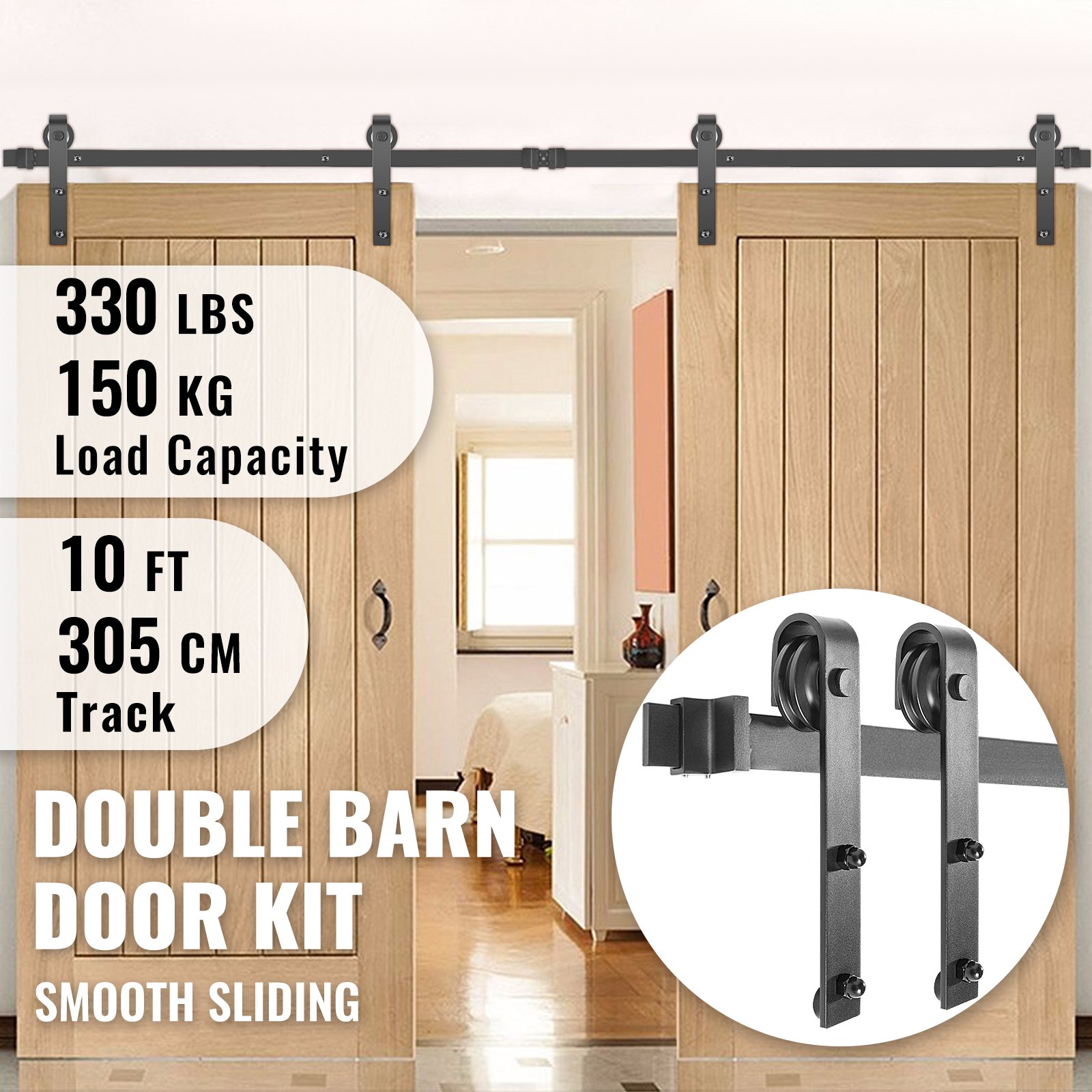 VEVOR sliding barn door hardware kit with 330 lbs load capacity and 10 ft track.