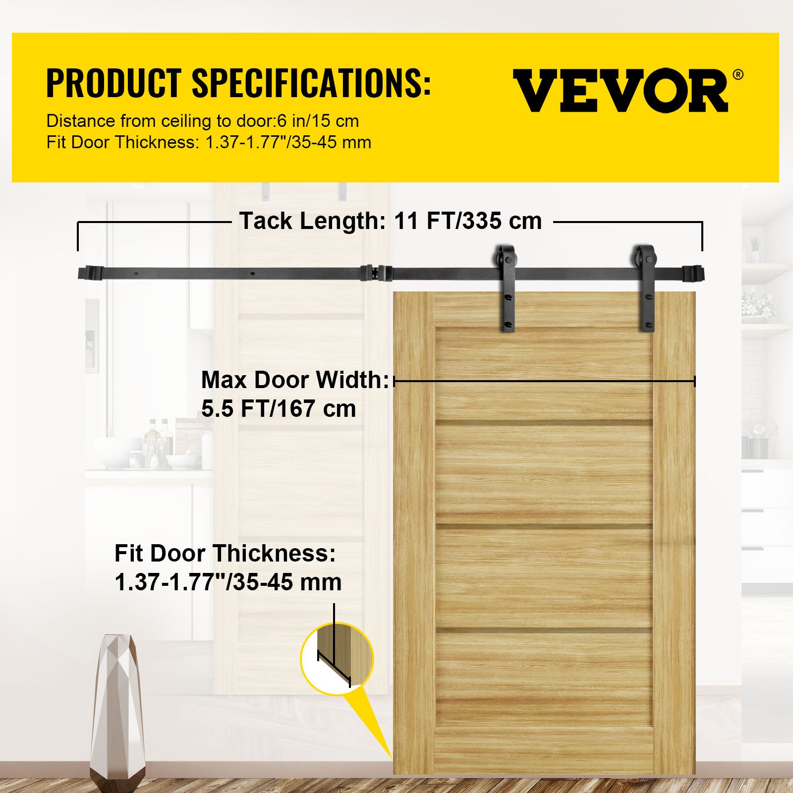 VEVOR Sliding Barn Door Hardware Kit, 11FT Barn Door Kit, 330LBS Load-Bearing Double Barn Door Hardware Kit, Carbon Steel Barn Door Track, Darn Door for 1.57-1.77" Thickness & 5.5FT Wide Door Panel
