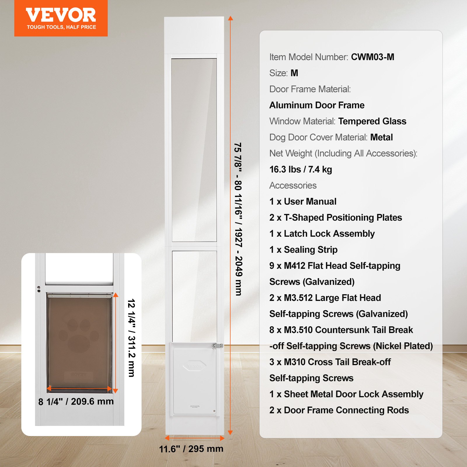 VEVOR Dog Door for Sliding Glass Door, 1927-2049mm Adjustable Height Doggy Door for Sliding Doors, Aluminum Frame Tempered Glass Pet Door with Hinge Structure Flap and Lock for Small-Sized Dogs