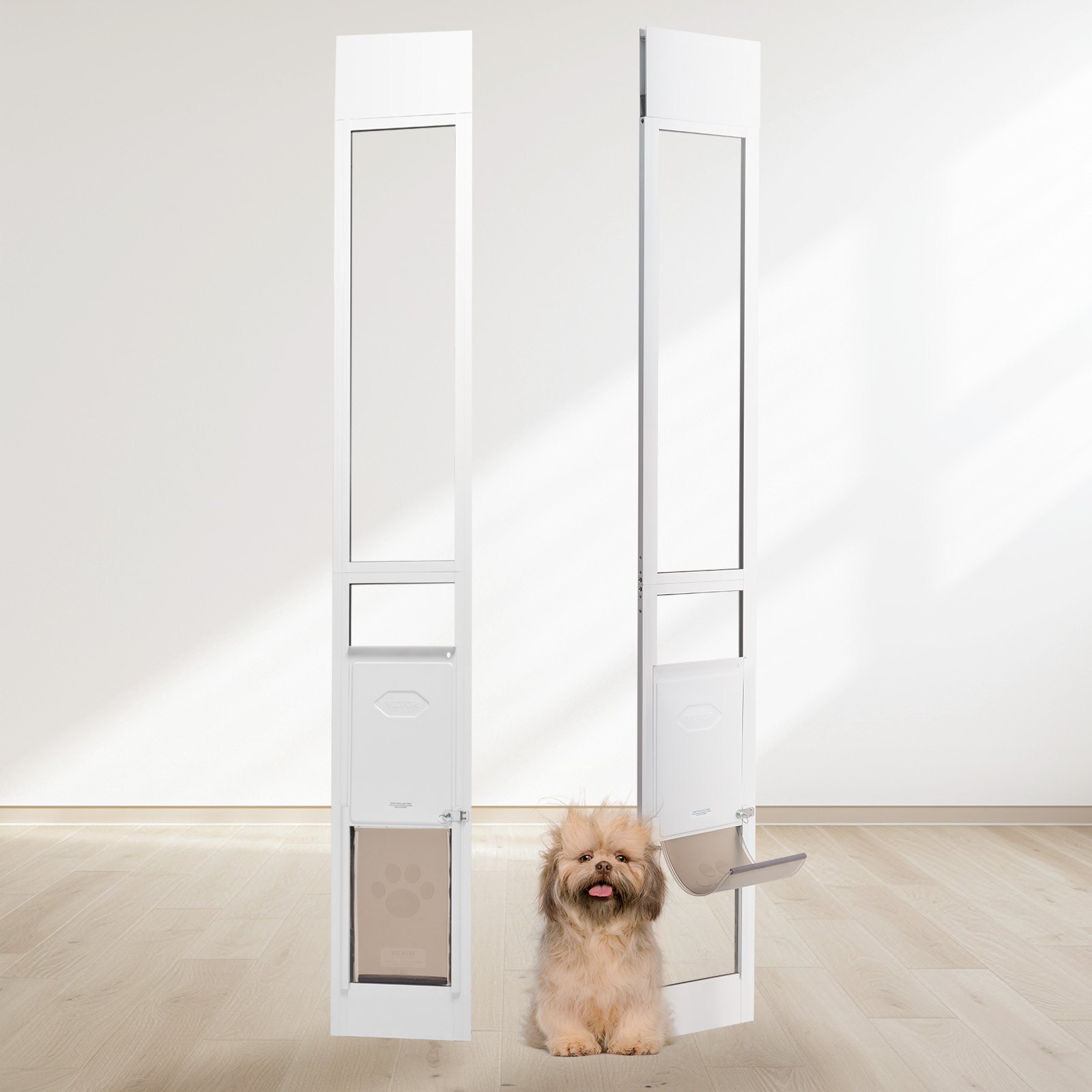 VEVOR Dog Door for Sliding Glass Door, 1927-2049mm Adjustable Height Doggy Door for Sliding Doors, Aluminum Frame Tempered Glass Pet Door with Hinge Structure Flap and Lock for Small-Sized Dogs