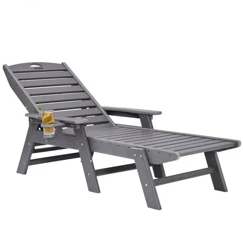 VEVOR Chaise Lounge Chair, 400 lbs Weight Capacity, 6 Positions Adjustable Patio Lounge Chair, Outdoor HDPE Lounge Chair with Backrest & Cup Holder, for Pool Poolside Deck Backyard Lawn, Gray