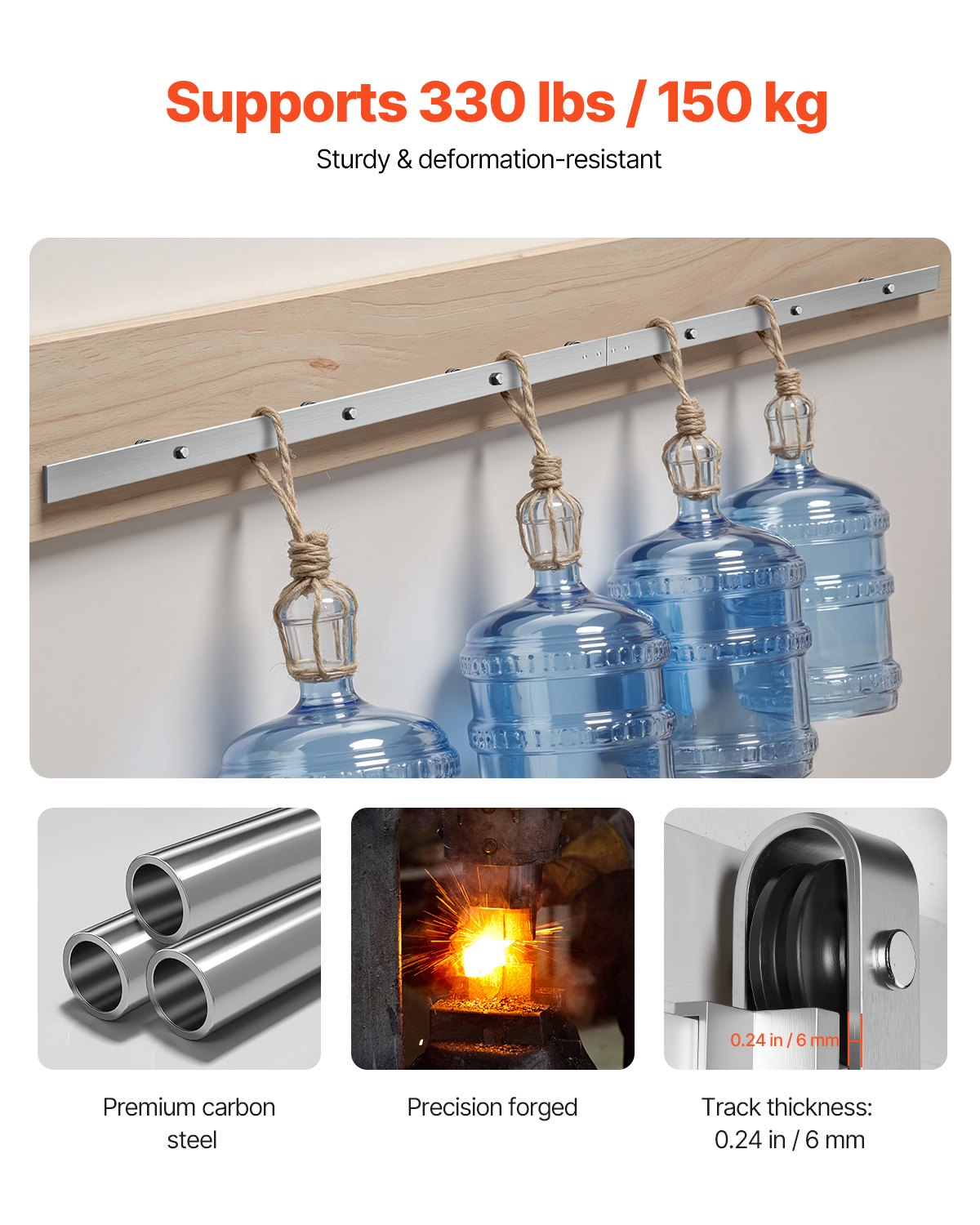 VEVOR 8FT Sliding Barn Door Hardware Kit, 330 LBS Weight Capacity, Compatible with 42 to 48 Inches Width & 1-3/8 to 1-3/4 Inches Thickness Single Sliding Barn Door, Durable Track & J-shape Roller