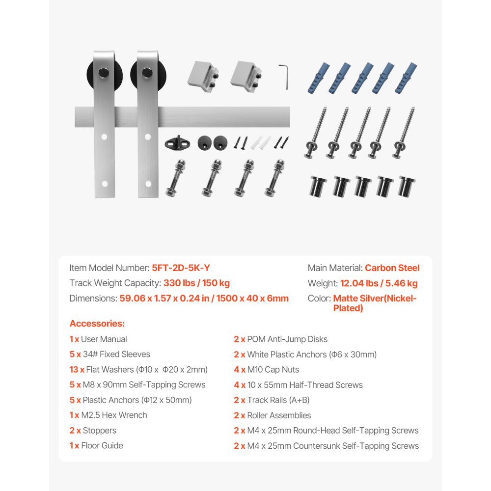 VEVOR 5FT Sliding Barn Door Hardware Kit, 330 LBS Weight Capacity, Compatible with 30 Inches Max Width & 1-3/8 to 1-3/4 Inches Thickness Single Sliding Barn Door, Durable Track & J-shape Roller Silver