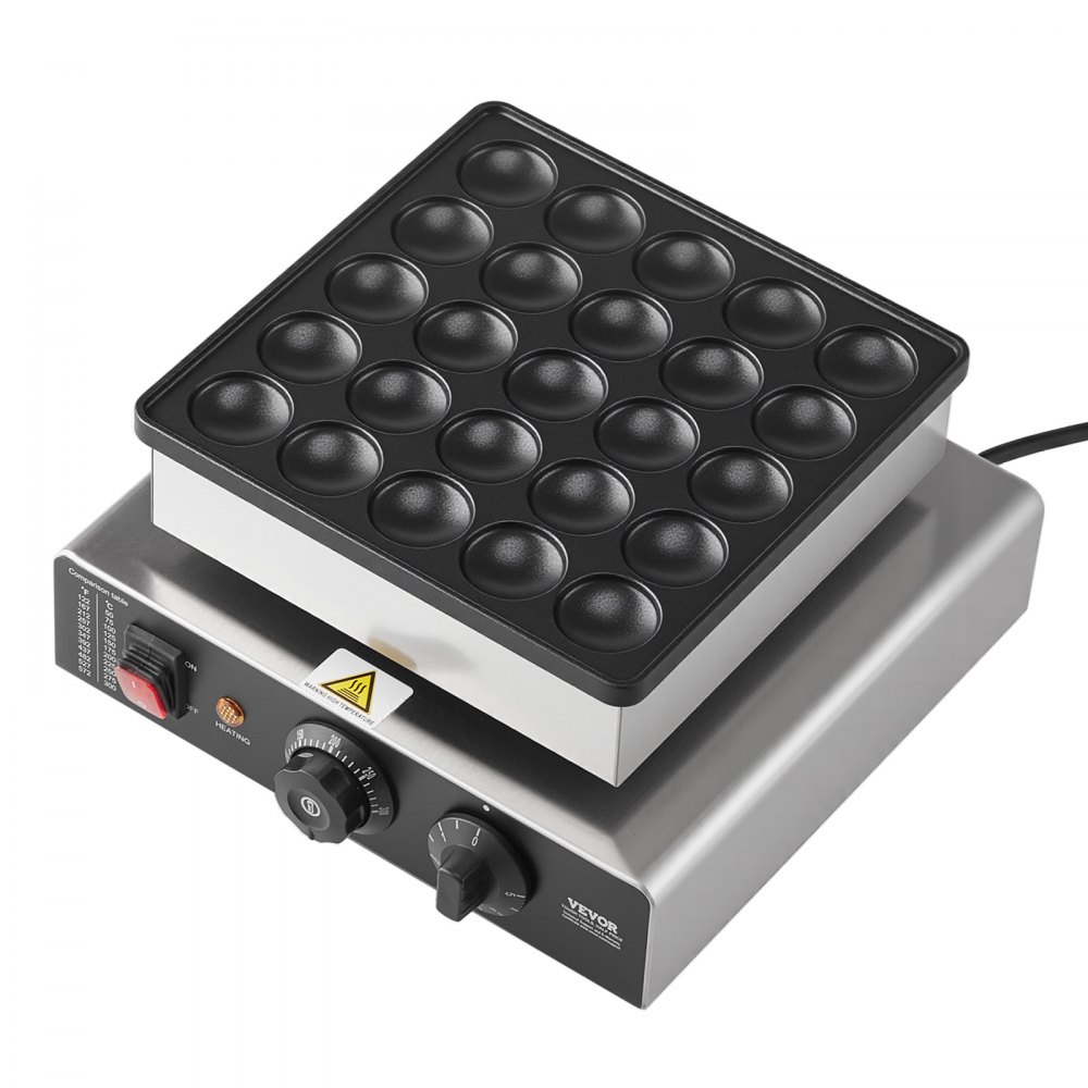 VEVOR Mini Pancake Maker, 25PCS 43mm Diameter Dutch Muffin Waffle Baker, Non-stick Stainless Steel Poffertjes Grill, Commercial Electric Dorayaki Machine, Temp & Time Control, Home Kitchen Restaurant