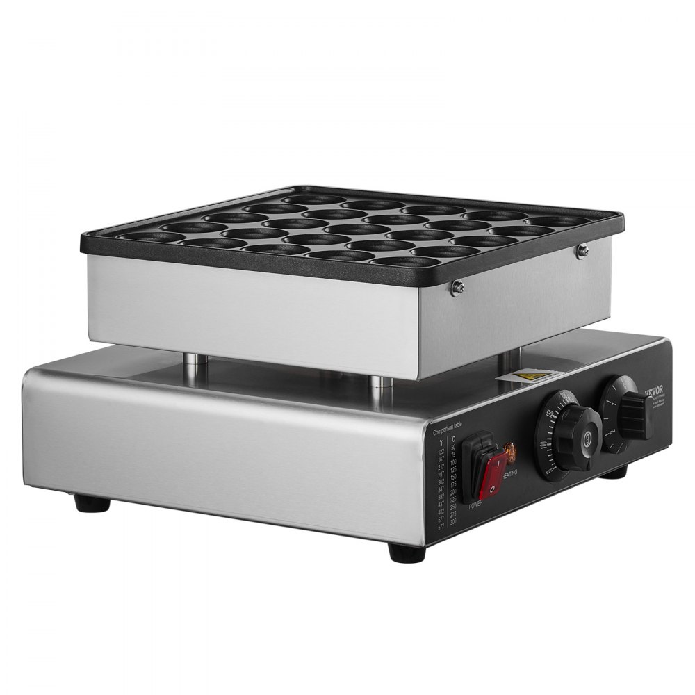 VEVOR Mini Pancake Maker, 25PCS 43mm Diameter Dutch Muffin Waffle Baker, Non-stick Stainless Steel Poffertjes Grill, Commercial Electric Dorayaki Machine, Temp & Time Control, Home Kitchen Restaurant