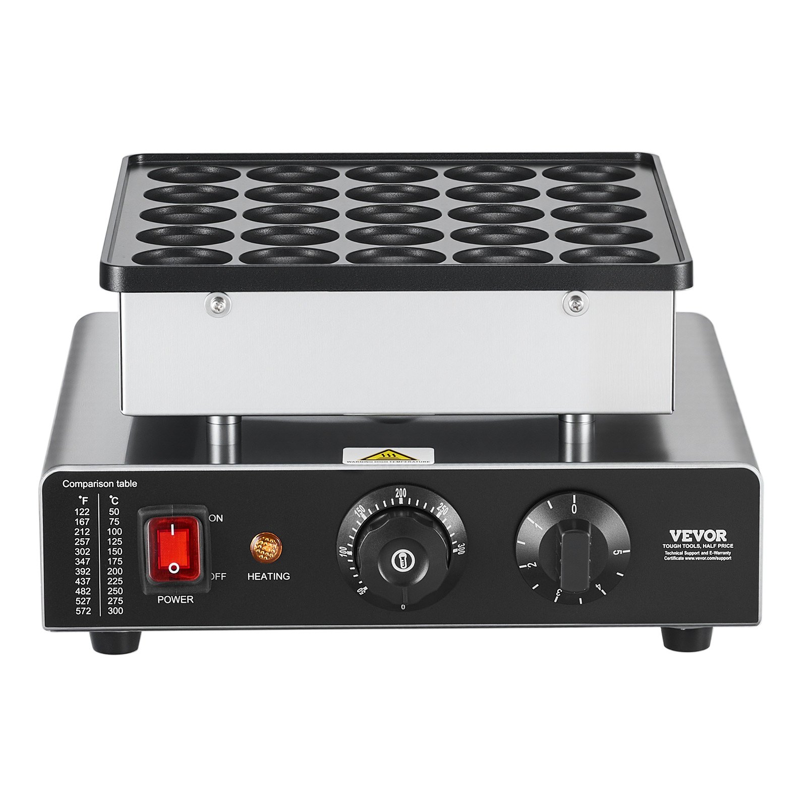 VEVOR Mini Pancake Maker, 25PCS 43mm Diameter Dutch Muffin Waffle Baker, Non-stick Stainless Steel Poffertjes Grill, Commercial Electric Dorayaki Machine, Temp & Time Control, Home Kitchen Restaurant