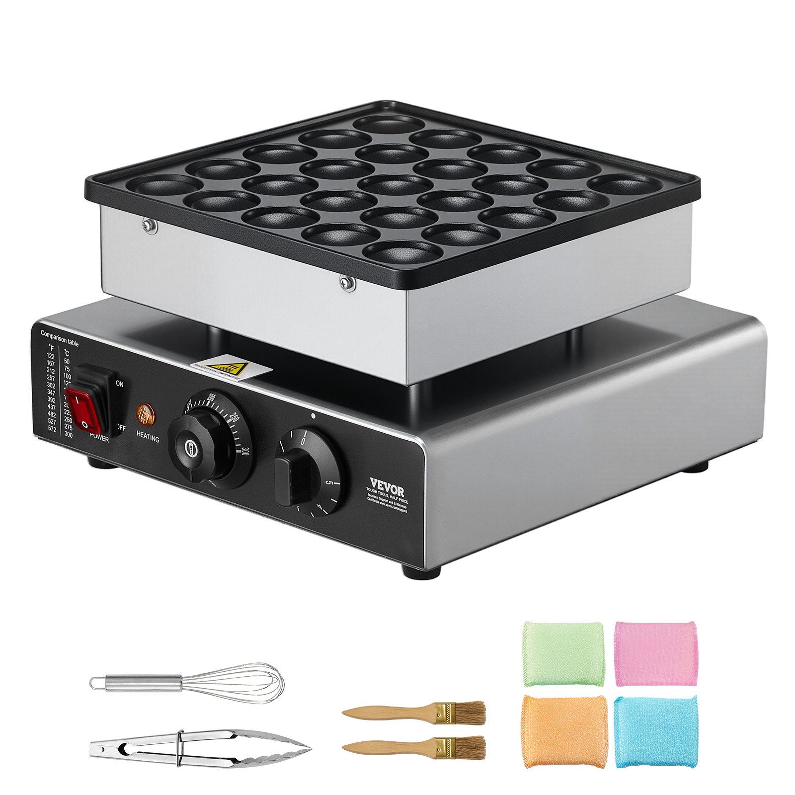 VEVOR Mini Pancake Maker, 25PCS 43mm Diameter Dutch Muffin Waffle Baker, Non-stick Stainless Steel Poffertjes Grill, Commercial Electric Dorayaki Machine, Temp & Time Control, Home Kitchen Restaurant