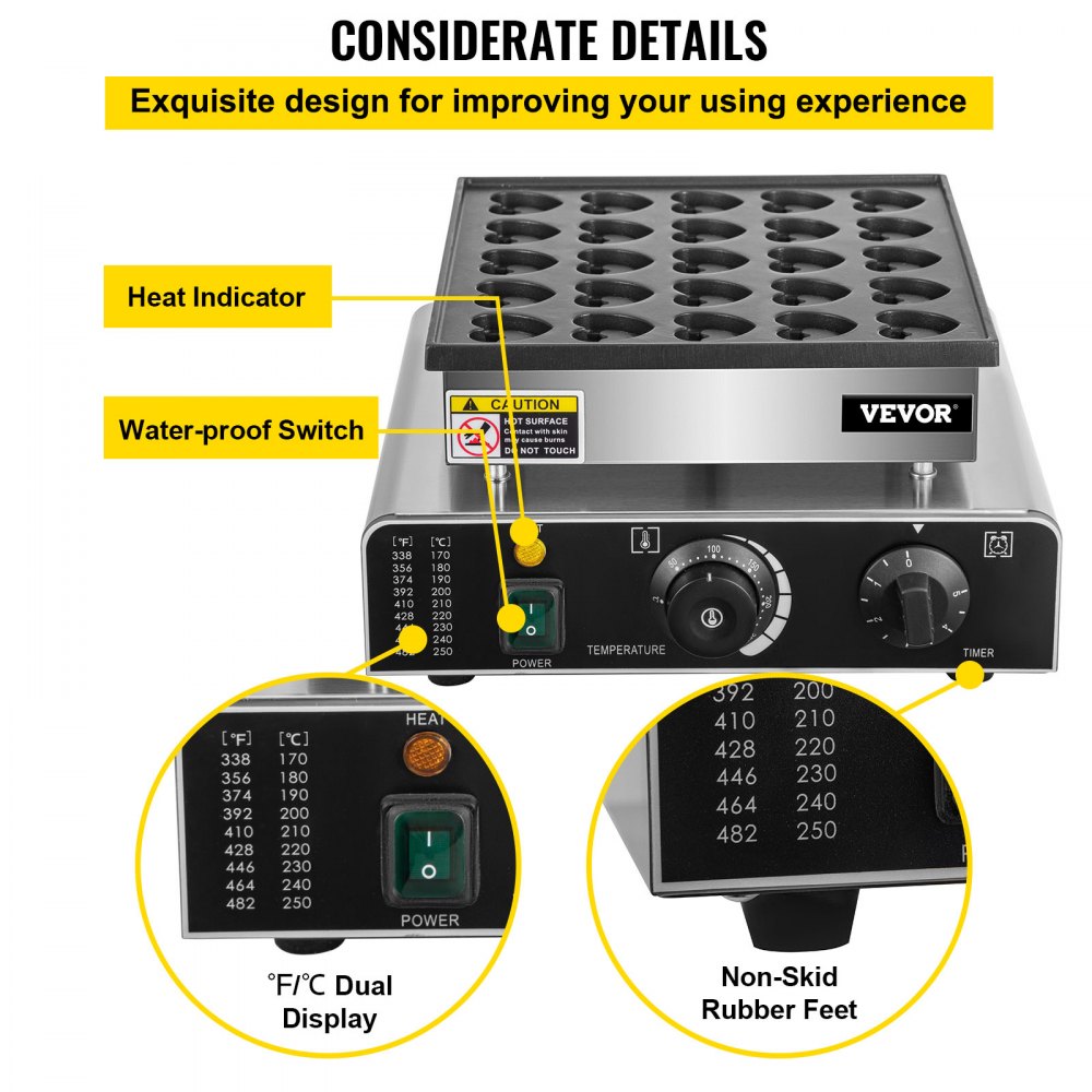 VEVOR Mini máquina para hacer panqueques holandeses, máquina para hacer panqueques holandeses en forma de corazón, 25 piezas, máquina para hacer panqueques eléctrica comercial, mini máquina para hacer panqueques de 850 W, máquina para hacer gofres para muffins Proffertjes de 110 V para cocina, panadería, snack bar