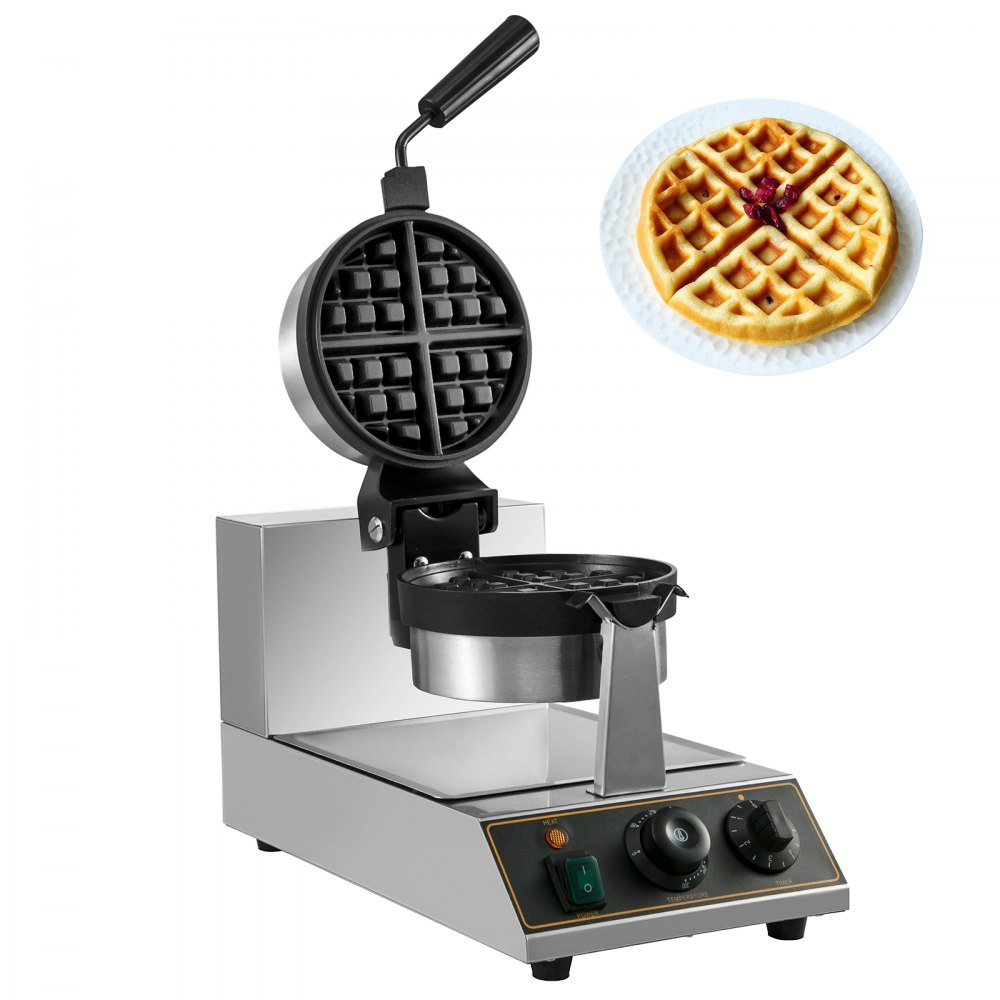 VEVOR Commercial Round Waffle Maker Nonstick Rotated 110V Electric Waffle Machine Stainless Steel 1100W Temperature and Time Control Belgian Waffle Maker Suitable for Bakeries Snack Bar Family