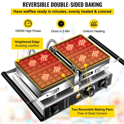 VEVOR Commercial Waffle Maker, 1600W Rectangle Waffle Maker, 2PCs Commercial Waffle Iron, Waffle Baker Machine w/ 2 Reversible Pans, 122-572℉ Adjustable Nonstick Waffle Baker w/ Teflon Coating 110V