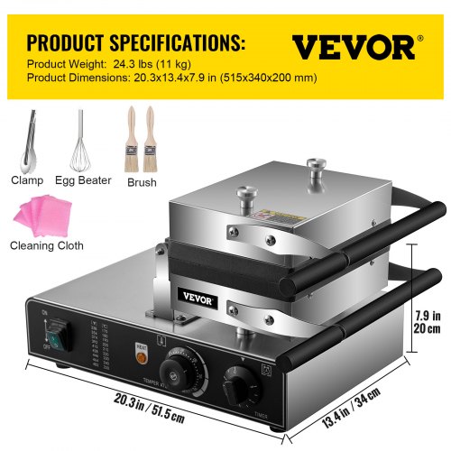 VEVOR Commercial Waffle Maker, 1600W Rectangle Waffle Maker, 2PCs Commercial Waffle Iron, Waffle Baker Machine w/ 2 Reversible Pans, 122-572℉ Adjustable Nonstick Waffle Baker w/ Teflon Coating 110V