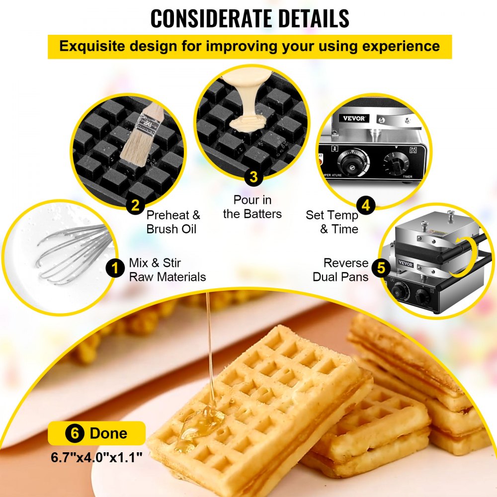 VEVOR Commercial Waffle Maker, 1600W Rectangle Waffle Maker, 2PCs Commercial Waffle Iron, Waffle Baker Machine w/ 2 Reversible Pans, 122-572℉ Adjustable Nonstick Waffle Baker w/ Teflon Coating 110V