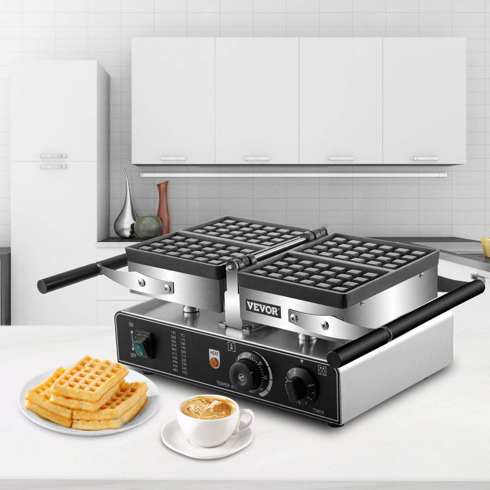 VEVOR Commercial Waffle Maker, 1600W Rectangle Waffle Maker, 2PCs Commercial Waffle Iron, Waffle Baker Machine w/ 2 Reversible Pans, 122-572°F Adjustable Nonstick Waffle Baker w/ Teflon Coating 220V