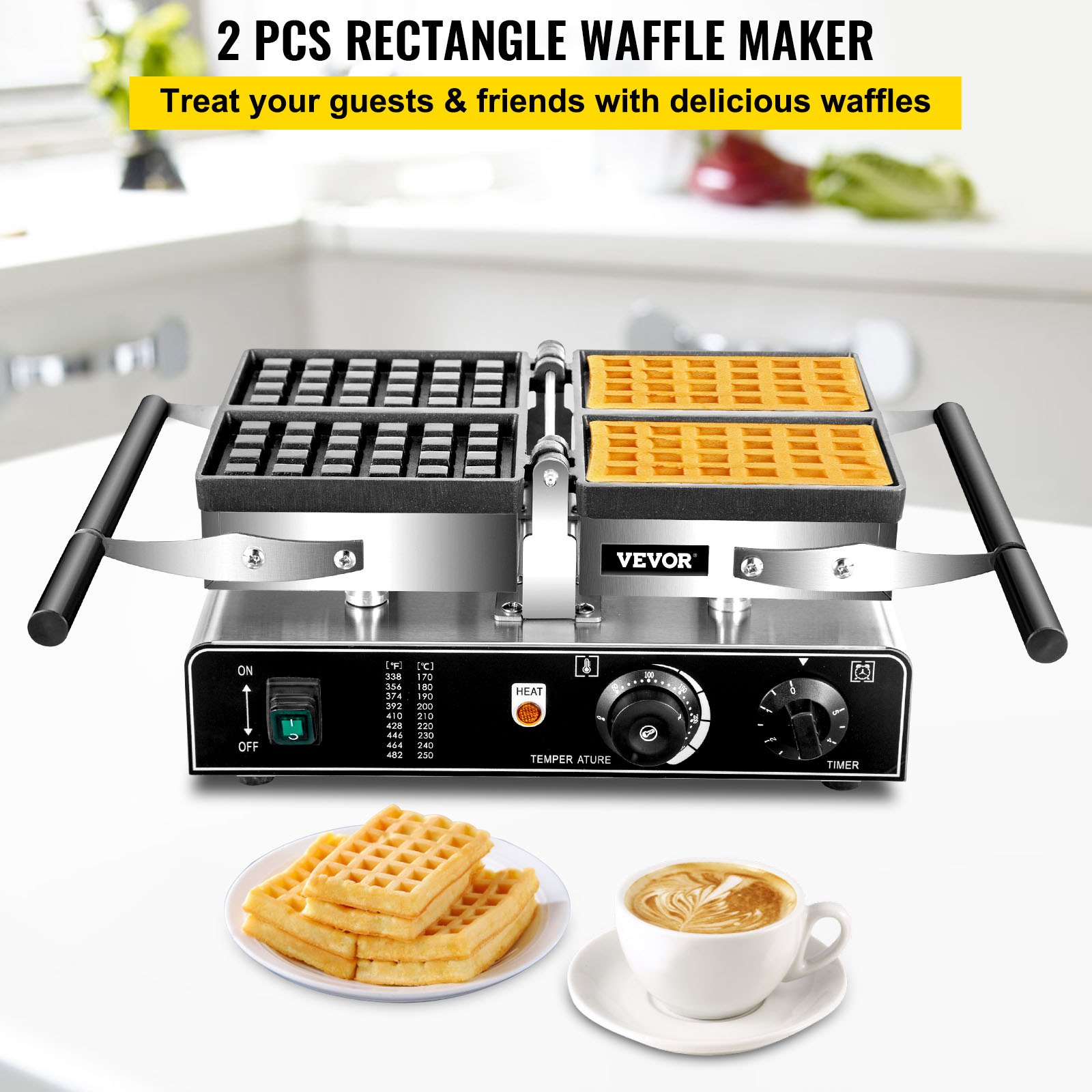 VEVOR Commercial Waffle Maker, 1600W Rectangle Waffle Maker, 2PCs Commercial Waffle Iron, Waffle Baker Machine w/ 2 Reversible Pans, 122-572℉ Adjustable Nonstick Waffle Baker w/ Teflon Coating 220V