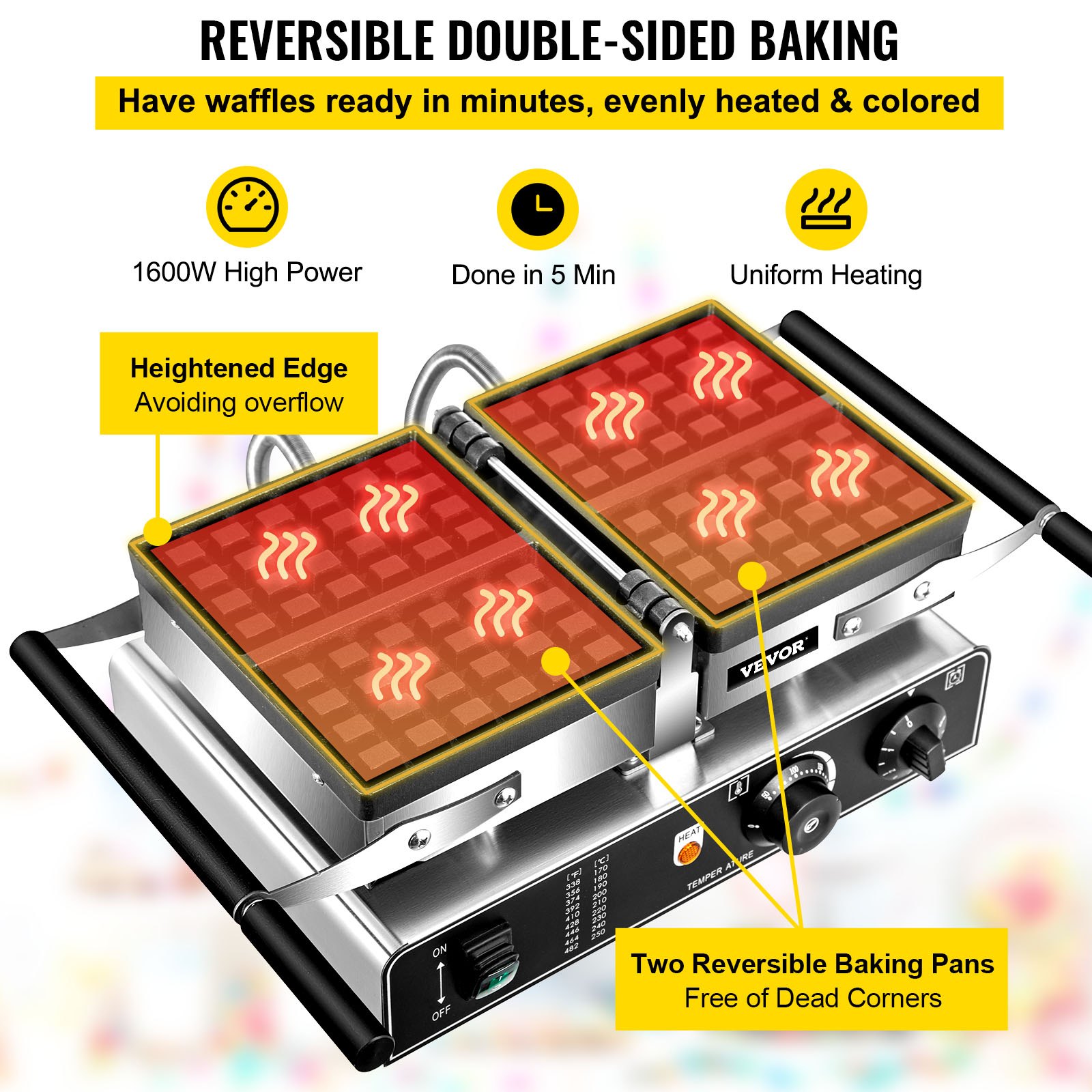 VEVOR Commercial Waffle Maker, 1600W Rectangle Waffle Maker, 2PCs Commercial Waffle Iron, Waffle Baker Machine w/ 2 Reversible Pans, 122-572℉ Adjustable Nonstick Waffle Baker w/ Teflon Coating 220V