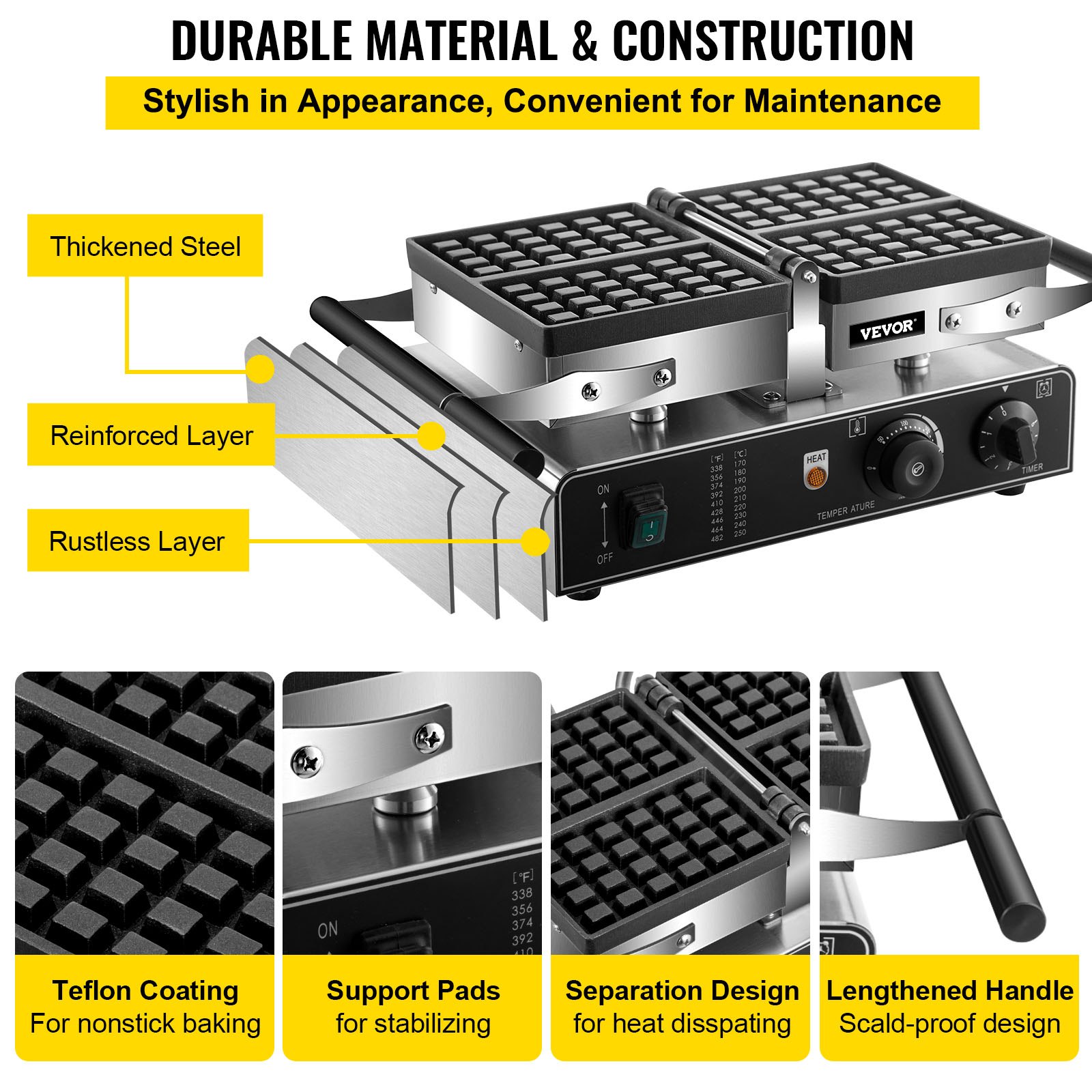 VEVOR Commercial Waffle Maker, 1600W Rectangle Waffle Maker, 2PCs Commercial Waffle Iron, Waffle Baker Machine w/ 2 Reversible Pans, 122-572℉ Adjustable Nonstick Waffle Baker w/ Teflon Coating 220V