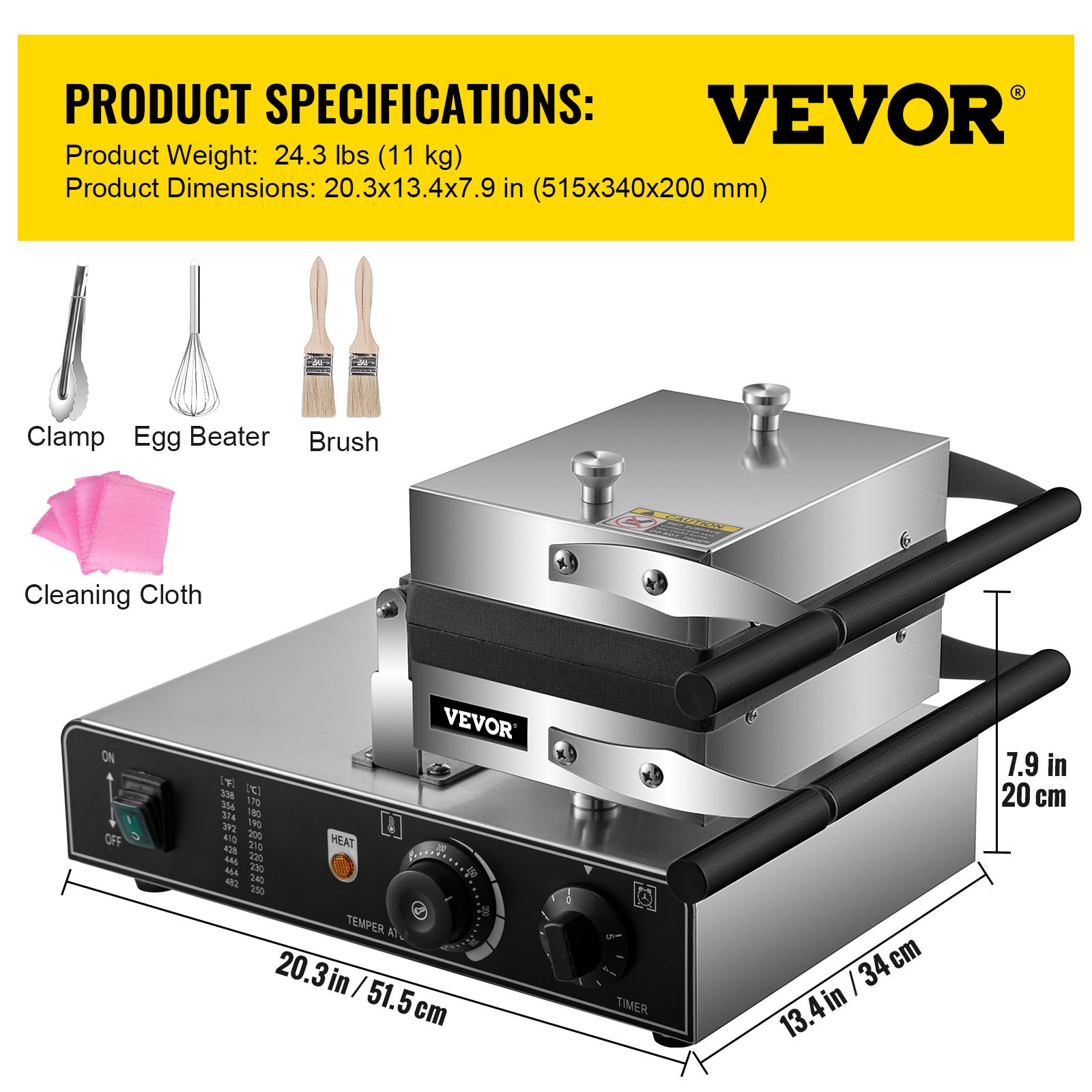 VEVOR Commercial Waffle Maker, 1600W Rectangle Waffle Maker, 2PCs Commercial Waffle Iron, Waffle Baker Machine w/ 2 Reversible Pans, 122-572℉ Adjustable Nonstick Waffle Baker w/ Teflon Coating 220V