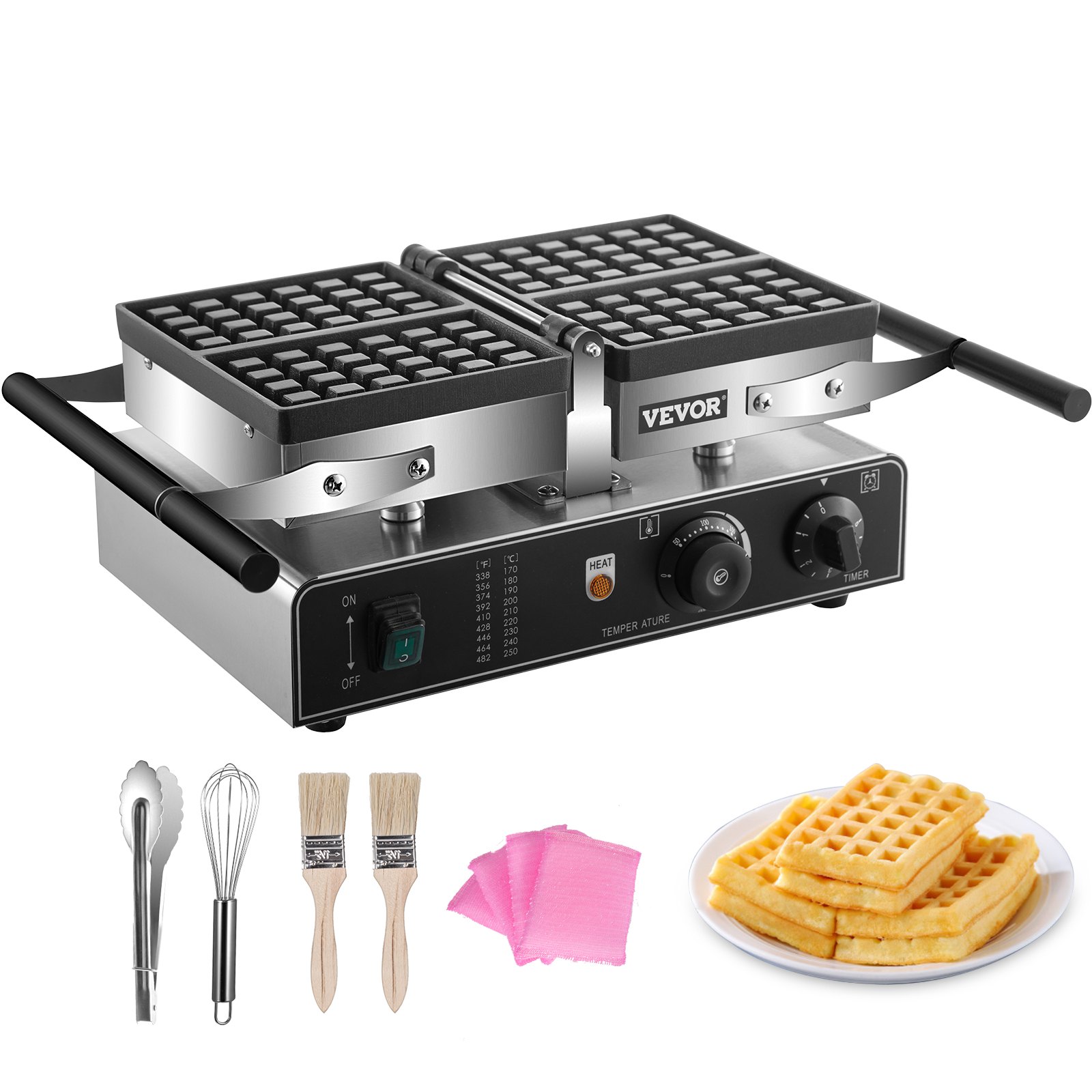 VEVOR Commercial Waffle Maker, 1600W Rectangle Waffle Maker, 2PCs Commercial Waffle Iron, Waffle Baker Machine w/ 2 Reversible Pans, 122-572℉ Adjustable Nonstick Waffle Baker w/ Teflon Coating 220V